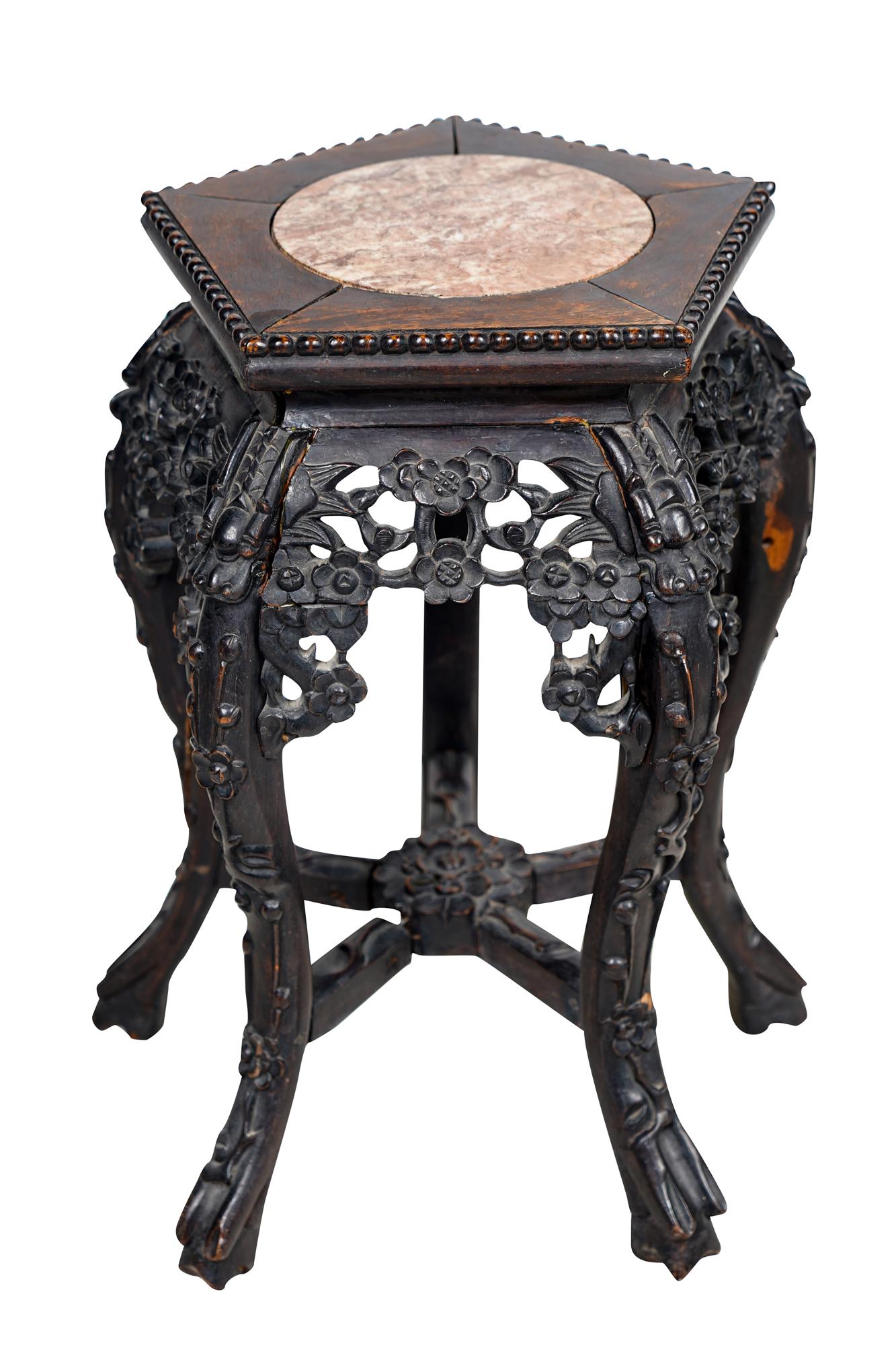 CHINESE MARBLE-INSET CARVED WOOD TABORET (1 of 10)