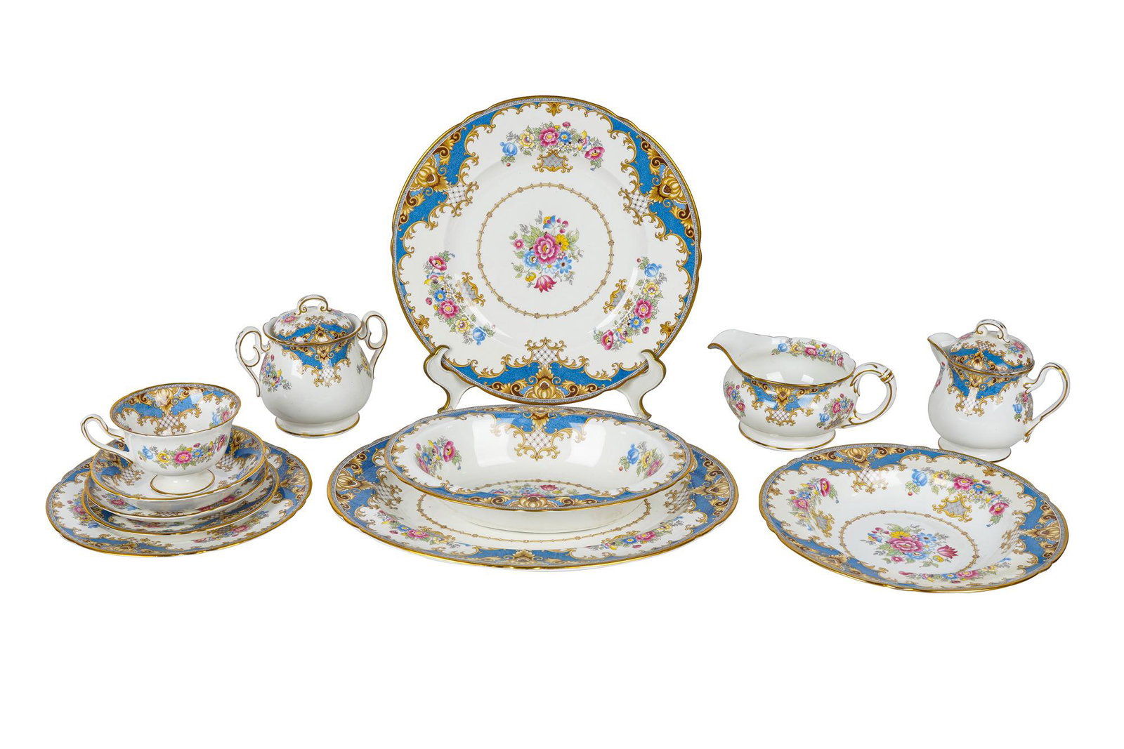 SHELLEY "SHERATON" BONE CHINA SERVICE: marked "Fine Bone China Shelley England", comprising: eight dinner plates (10 3/4 inches diameter), eight salad plates (8 inches diameter), eight bread plates (6 inches diameter), one side plate (6 1/