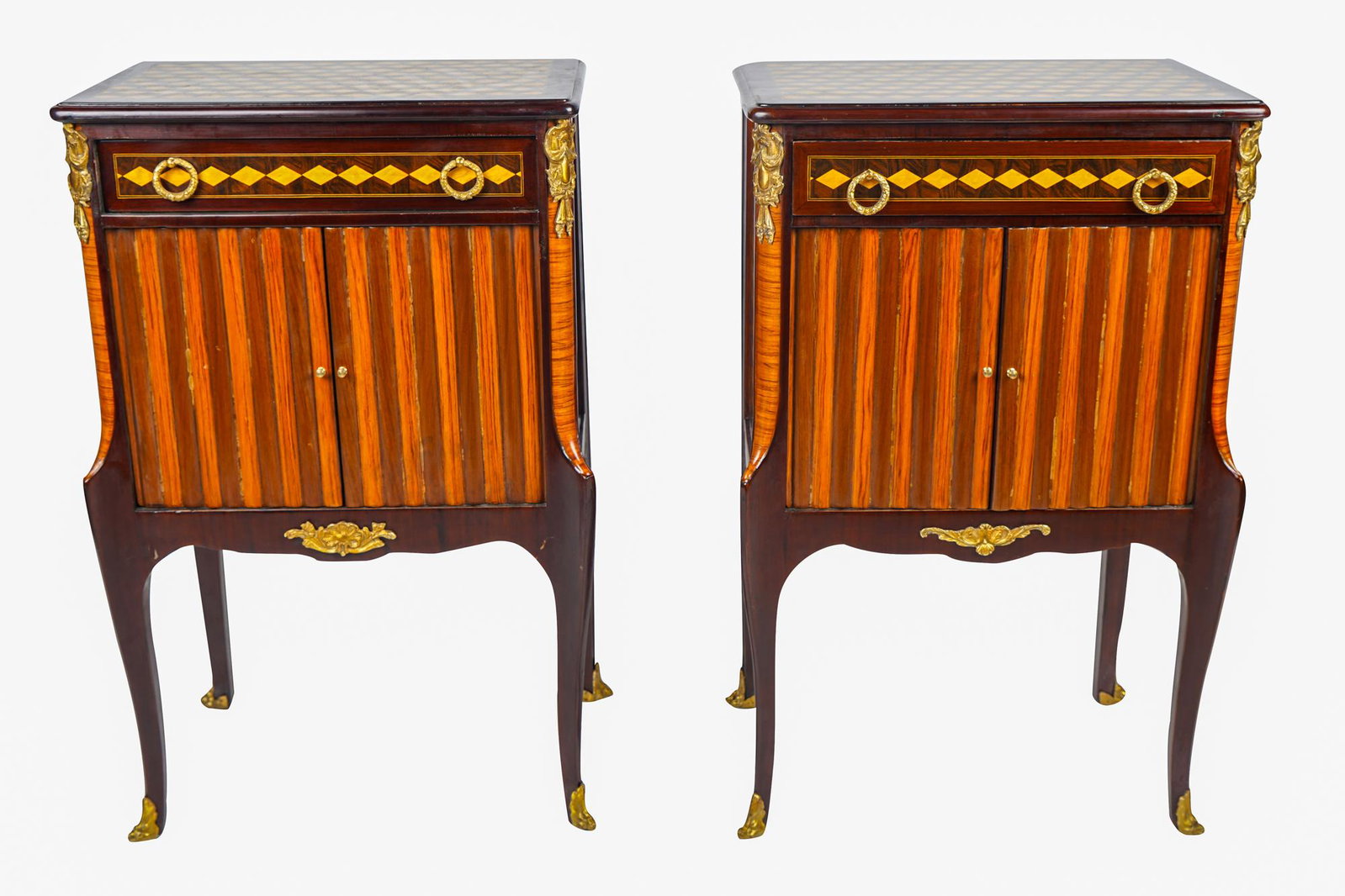 PAIR OF LOUIS XV/ XVI TRANSITIONAL STYLE NIGHTSTANDS: with gilt mounts, each with a single drawer over a pair of doors enclosing a shelf each 21 inches wide; 13 1/2 inches deep; 33 inches high