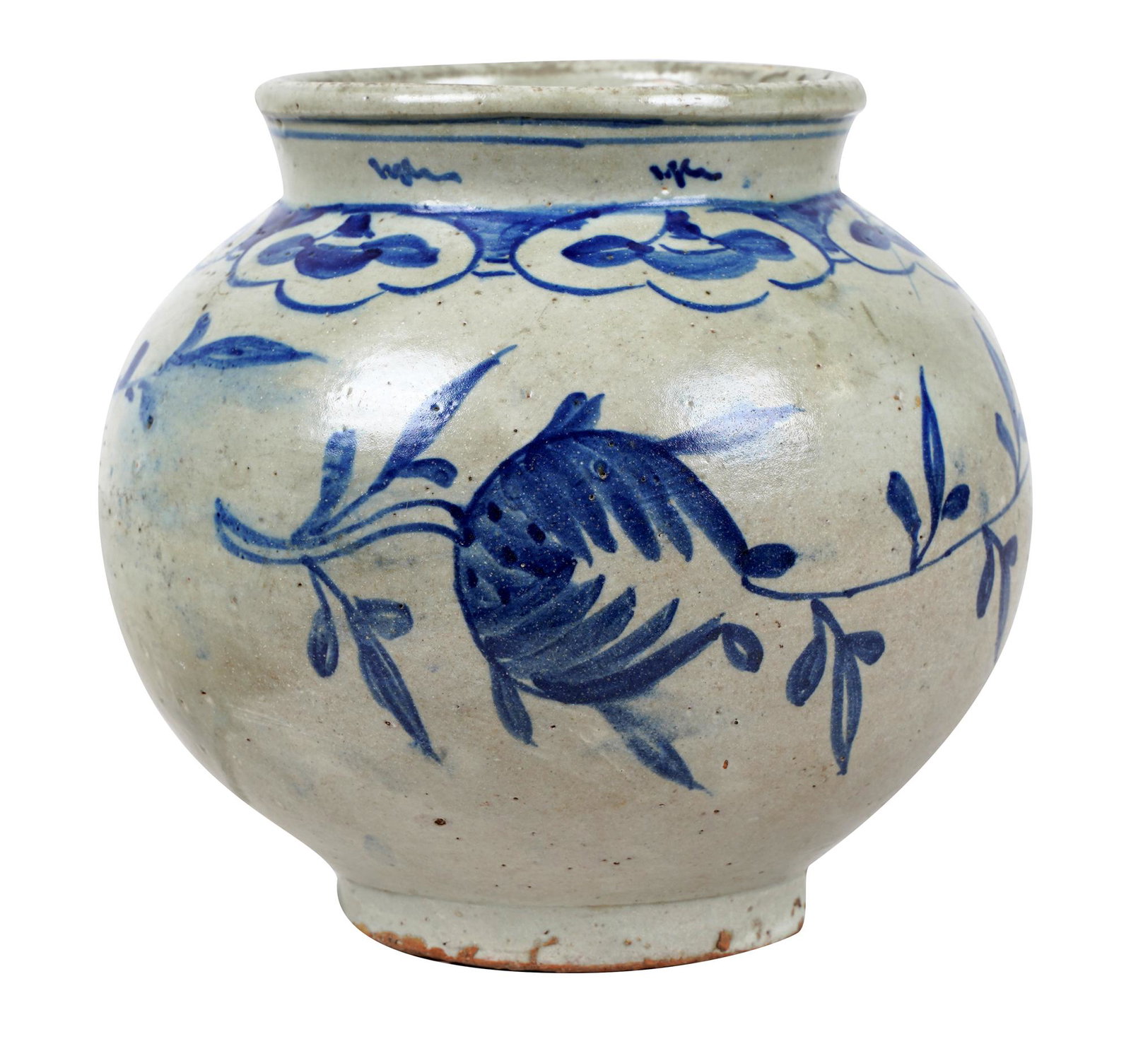 KOREAN BLUE & WHITE PORCELAIN JAR: Condition: with discoloration and inherent glaze pitting 8 1/2 inches diameter; 8 inches high