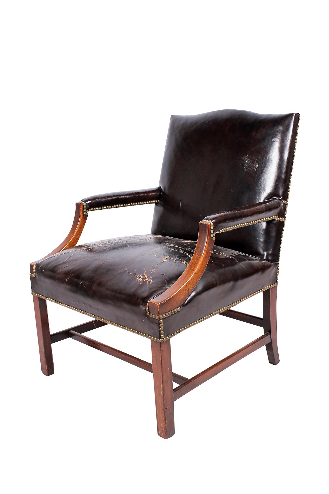 GEORGIAN STYLE MAHOGANY ARMCHAIR FRAME, NAUGAHIDE AS IS (1 of 7)