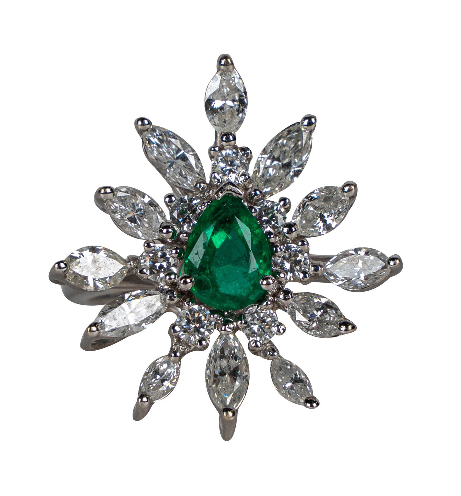 18 KARAT WHITE GOLD, DIAMOND, & EMERALD RING: centering one pear cut emerald weighing approximately 0.73 carats, seven full cut diamonds [H-I/VS2-SI1] weighing approximately 0.28 carats, and twelve marquise brilliant cut diamonds [I-J/VS2-SI1] we