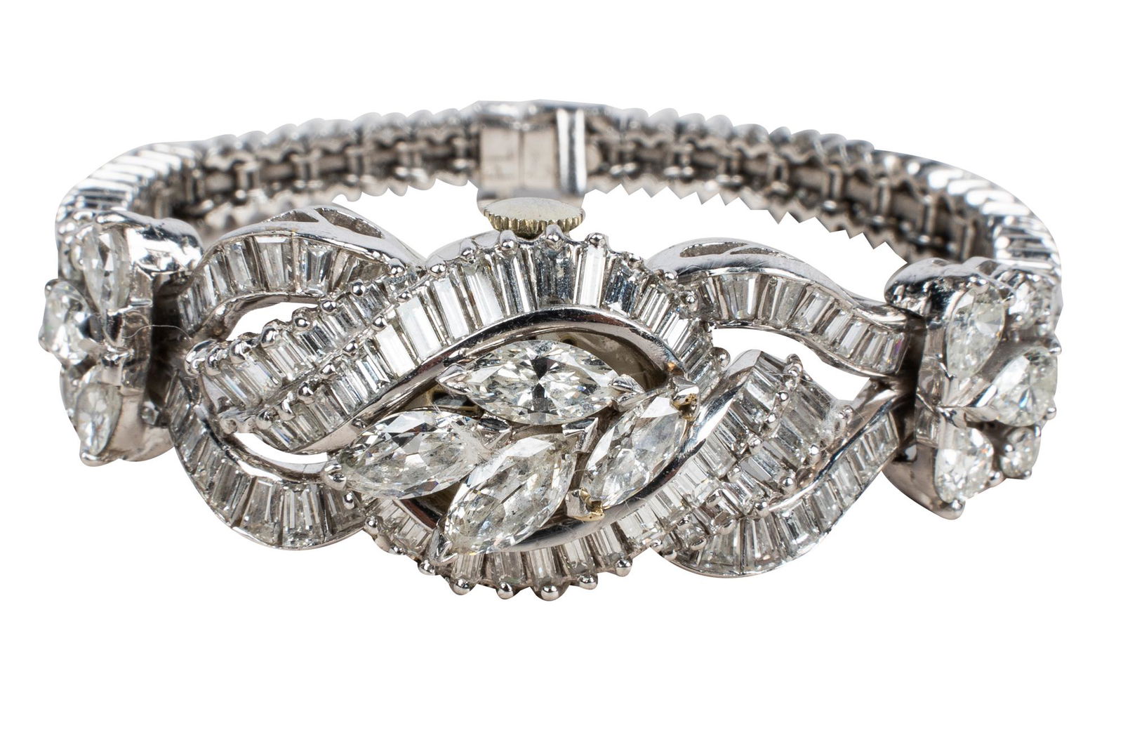 RENAUD PLATINUM & DIAMOND BRACELET WATCH: vintage covered watch with a round 15.5 mm case and manual winding movement; with marquise, pear, baguette, and full cut diamonds [G-H/VS2-SI1] weighing approximately 6.75 carats total 38.1 grams the