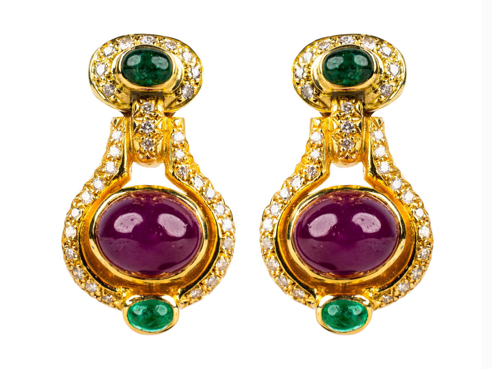 PAIR OF 14 KARAT YELLOW GOLD, DIAMOND, RUBY, & EMERALD: the knocker style earrings containing two oval cabochon cut natural rubies weighing 4.25 and 4.88 carats each; four oval cabochon cut natural emeralds weighing approximately 0.74 carats total; and 68