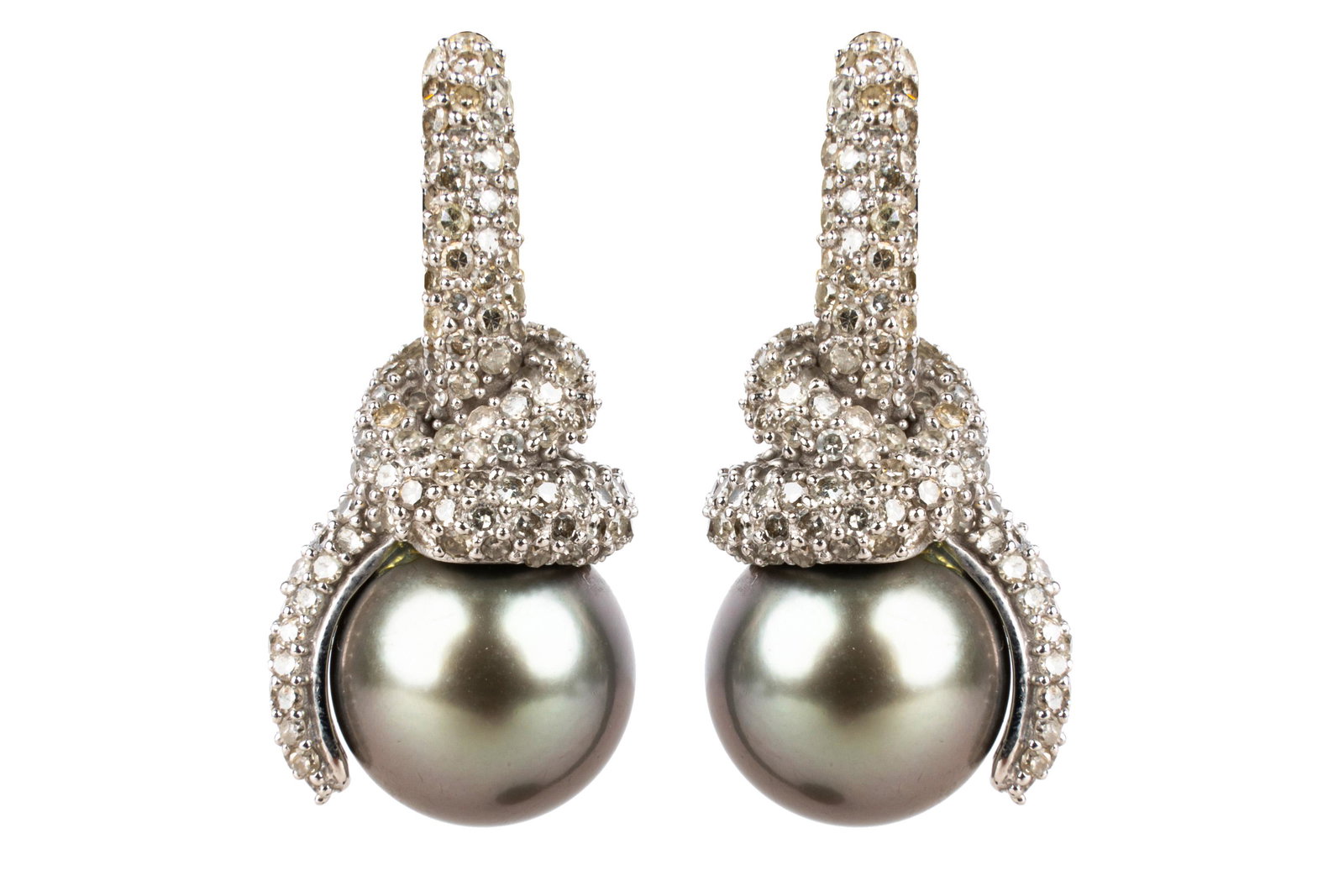 PAIR OF 14 KARAT WHITE GOLD, TAHITIAN BLACK PEARL, &: containing two spherical half-drilled Tahitian cultured pearls at 10.80 and 10.90 mm each; and 382 single cut diamonds [I/SI] weighing approximately 1.91 carats total 11.40 grams 28.00 x 12.93 mm
