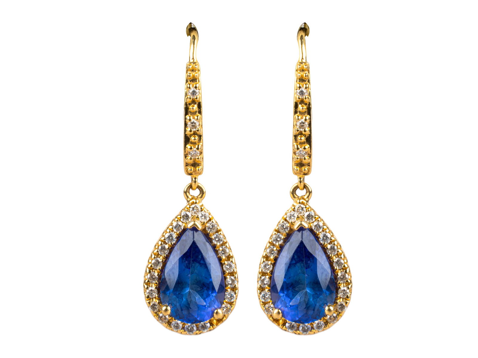PAIR OF 14 KARAT YELLOW GOLD, DIAMOND, TANZANITE: containing two pear shape cut natural tanzanites weighing 1.36 and 1.40 carats; and 50 cull cut diamonds [I/SI] weighing approximately 0.24 carats 5.15 grams 30.00 x 8.55 mm