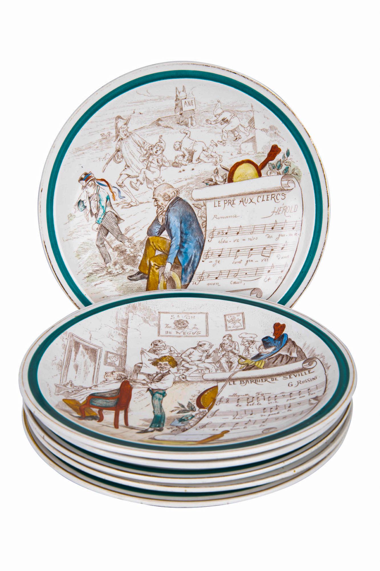 SIX TERRE DE FER FRENCH SUJETS MUSICAUX DISHES: circa early 20th century porcelain depicting sheet music and figures Condition: with loss to decoration and some small chips throughout 8 1/2 inches diameter