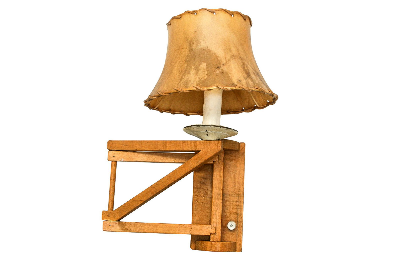 HIDE & WOOD ARTICULATING WALL SCONCE: circa late 20th Century shade: 10 inches diameter; 6 1/2 inches high