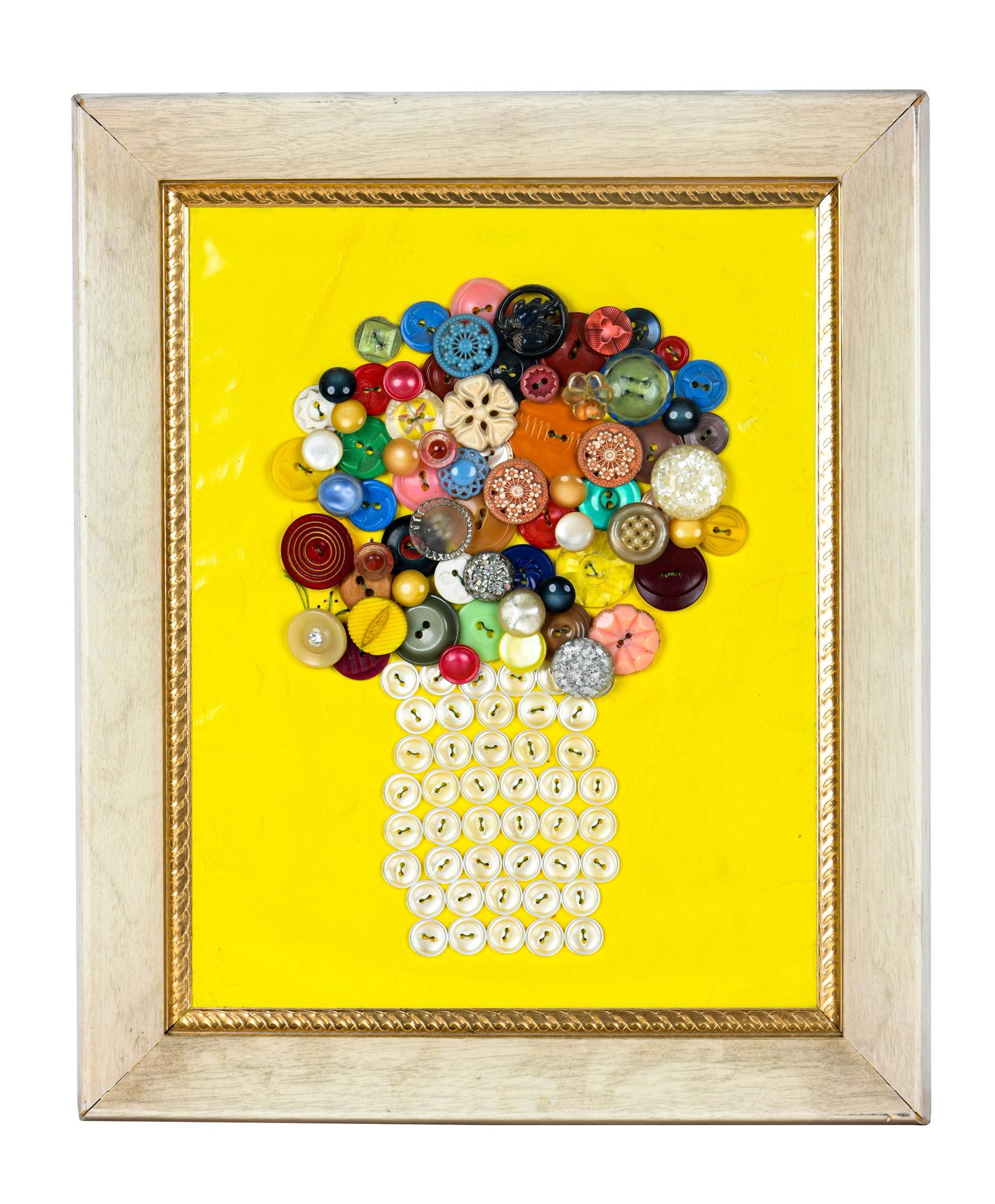 FRAMED BUTTON STILL LIFE: buttons on paper with a gilt foil trim 9 x 7 inches
