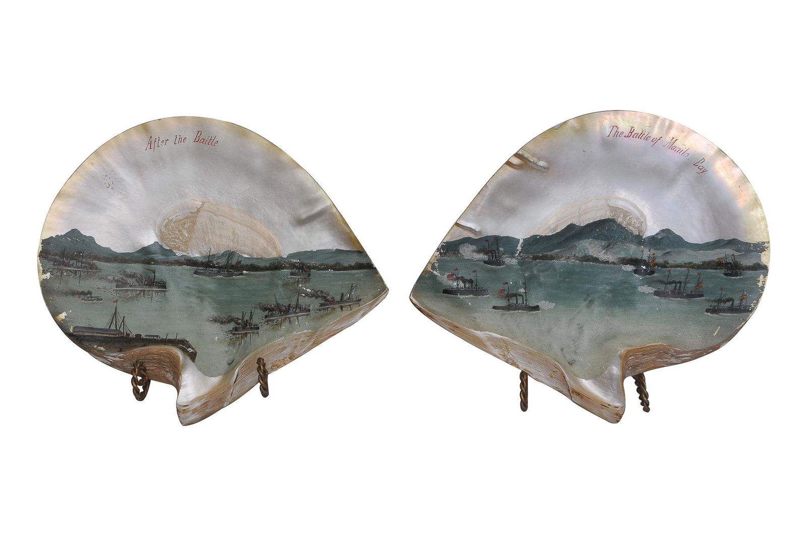 PAIR OF PAINTED SHELLS "BATTLE OF MANILA BAY" & "AFTER (1 of 7)