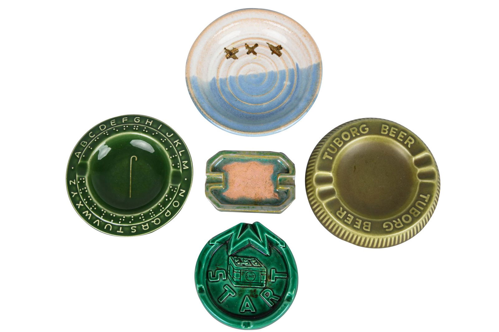 FIVE ASSORTED POTTERY ASH TRAYS (1 of 6)