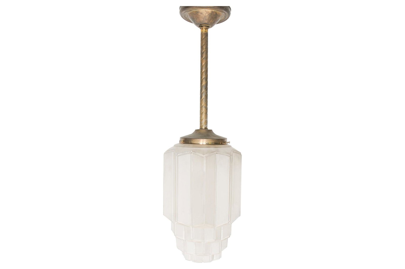 ART DECO STYLE FROSTED GLASS FIXTURE: circa early to mid 20th Century frosted glass and brass Condition: with white paint speckles on shade 20 total inches high; shade: 16 inches high; 11 inches diameter