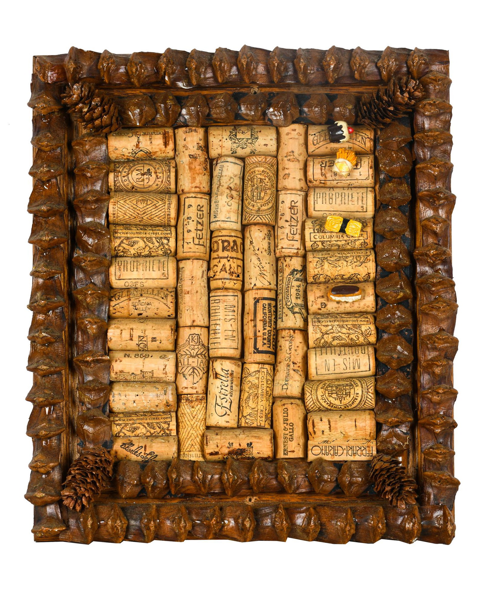 CORK WALL PLAQUE: circa late 20th Century wine corks, pine cone pieces and resin food form pins 13 x 11 inches