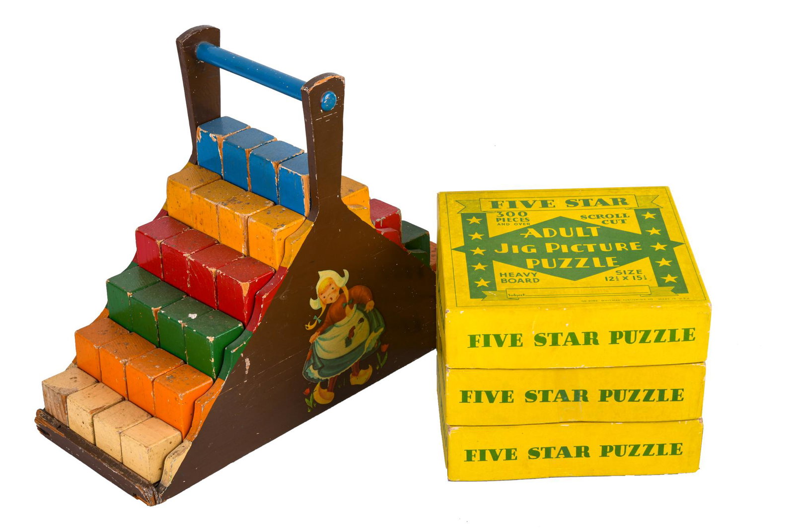 GROUP OF BLOCKS & THREE PUZZLES: wood blocks Condition: with loss to wood block caddie block toy: 161/2 inches wide; 12 inches high
