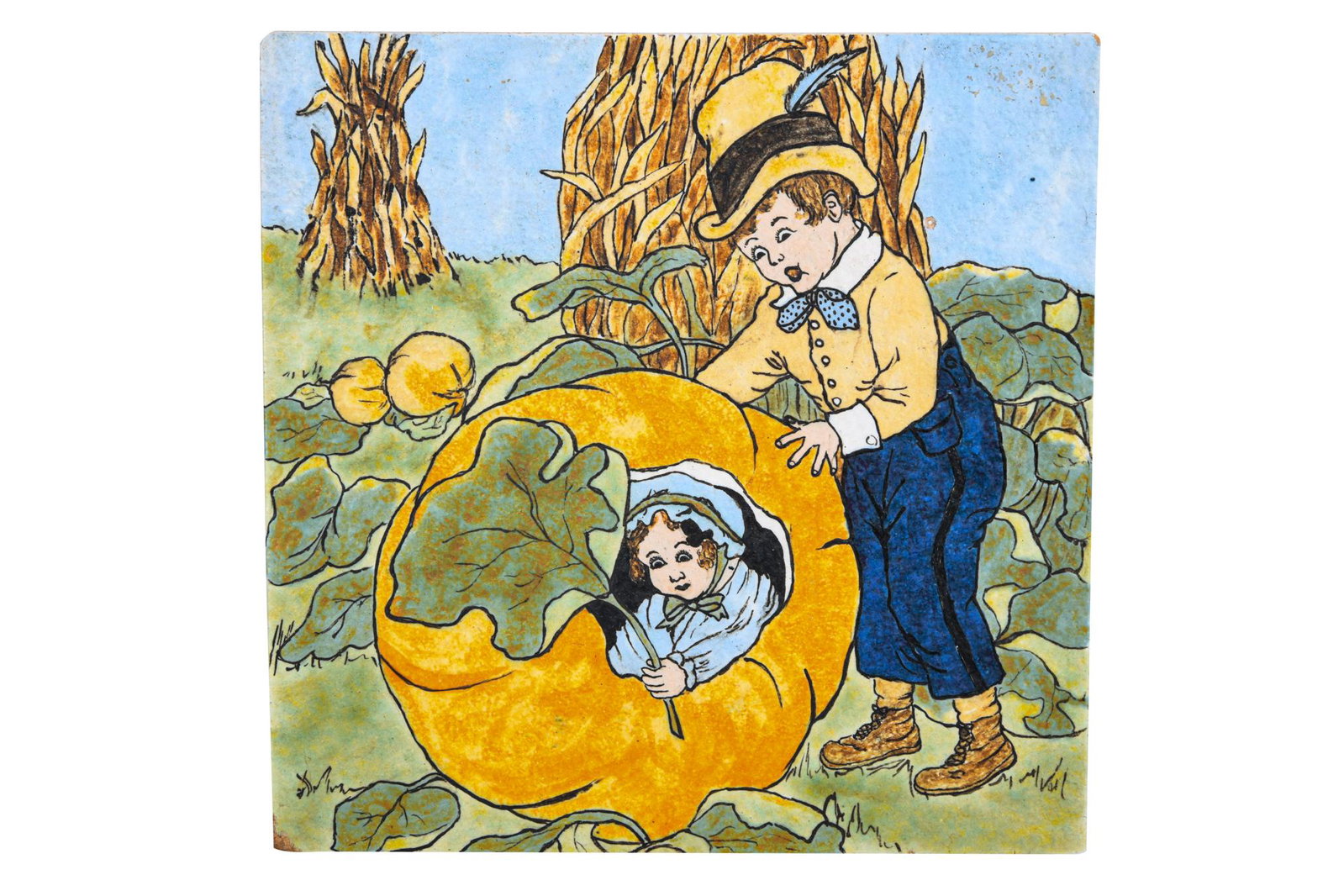 TILE OF CHILDREN PLAYING: 8 1/4 x 8 1/4 inches