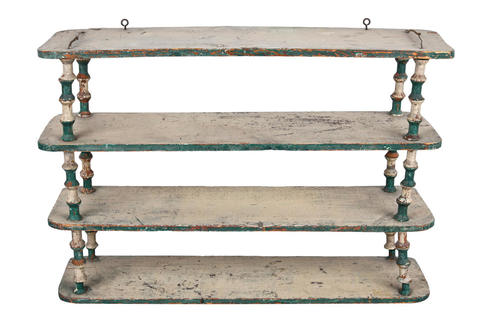 HANGING SPOOL SHELF: circa 20th Century painted wood Condition: with splitting wood and paint loss throughout 30 inches wide; 8 inches deep; 20 inches high