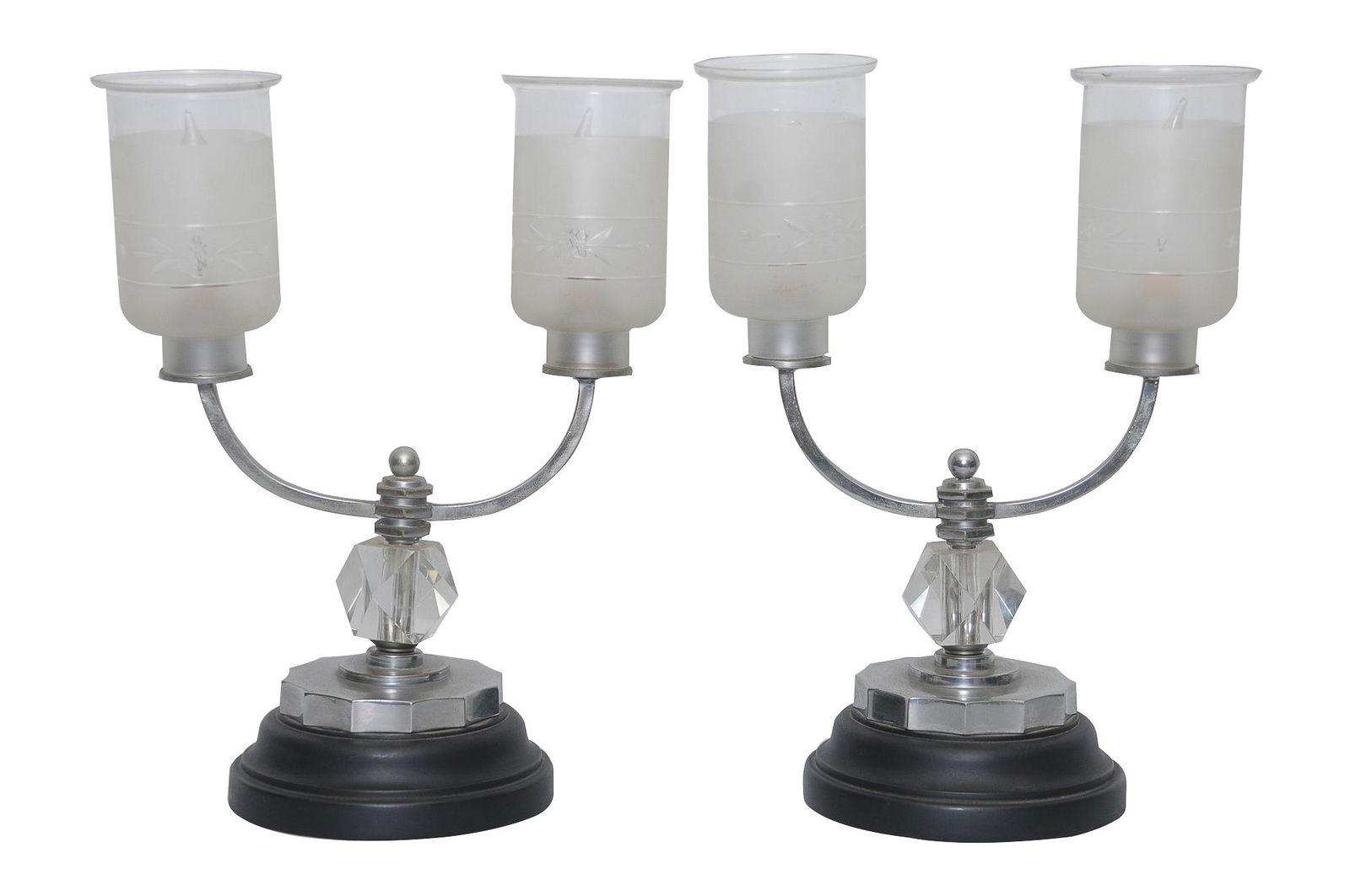 PAIR OF DOUBLE LIGHT GLASS TABLE LAMPS (1 of 9)
