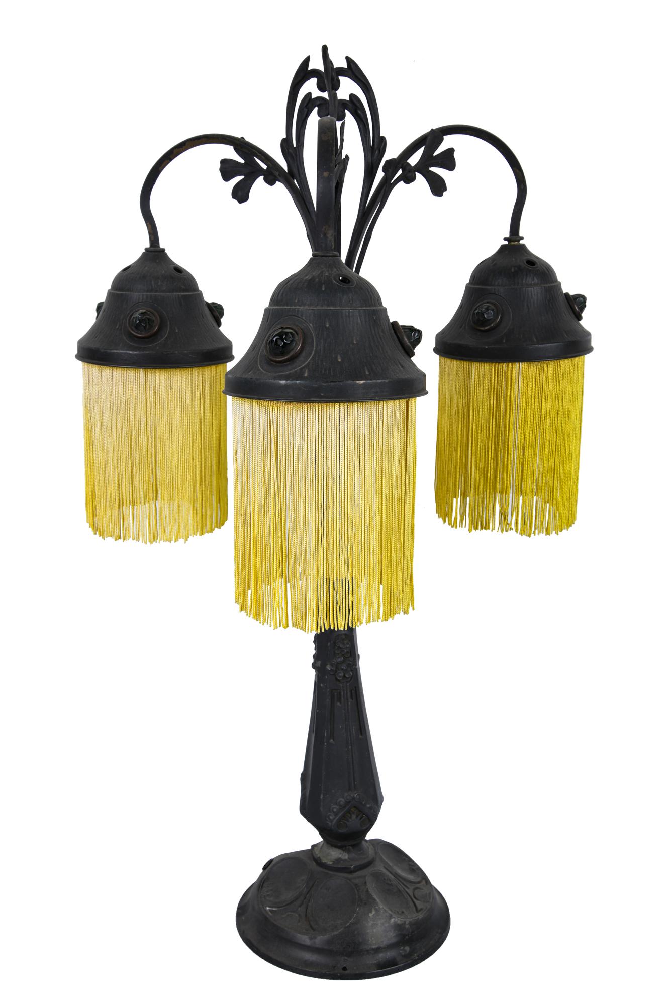 TRIPLE ARM SPELTER TABLE LAMP WITH TASSELS (1 of 8)