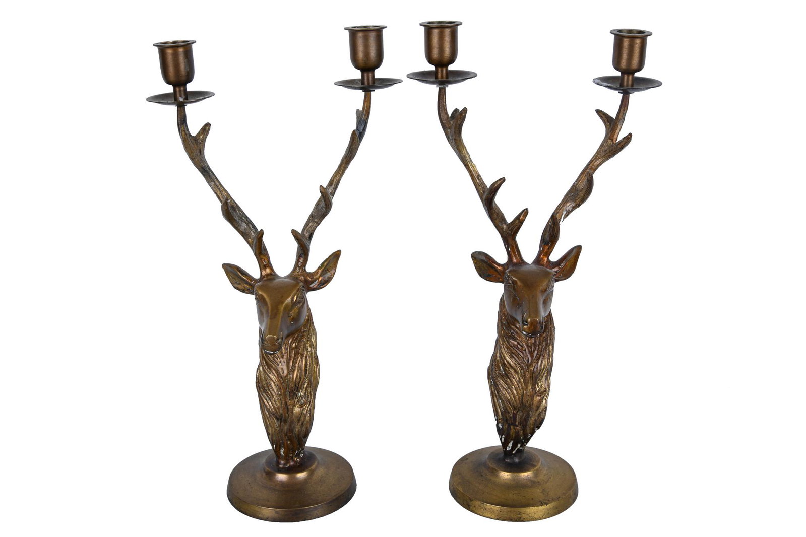 PAIR OF STAG FORM TWO-LIGHT CANDELABRA: brass 7 1/2 inches wide; 14 inches high