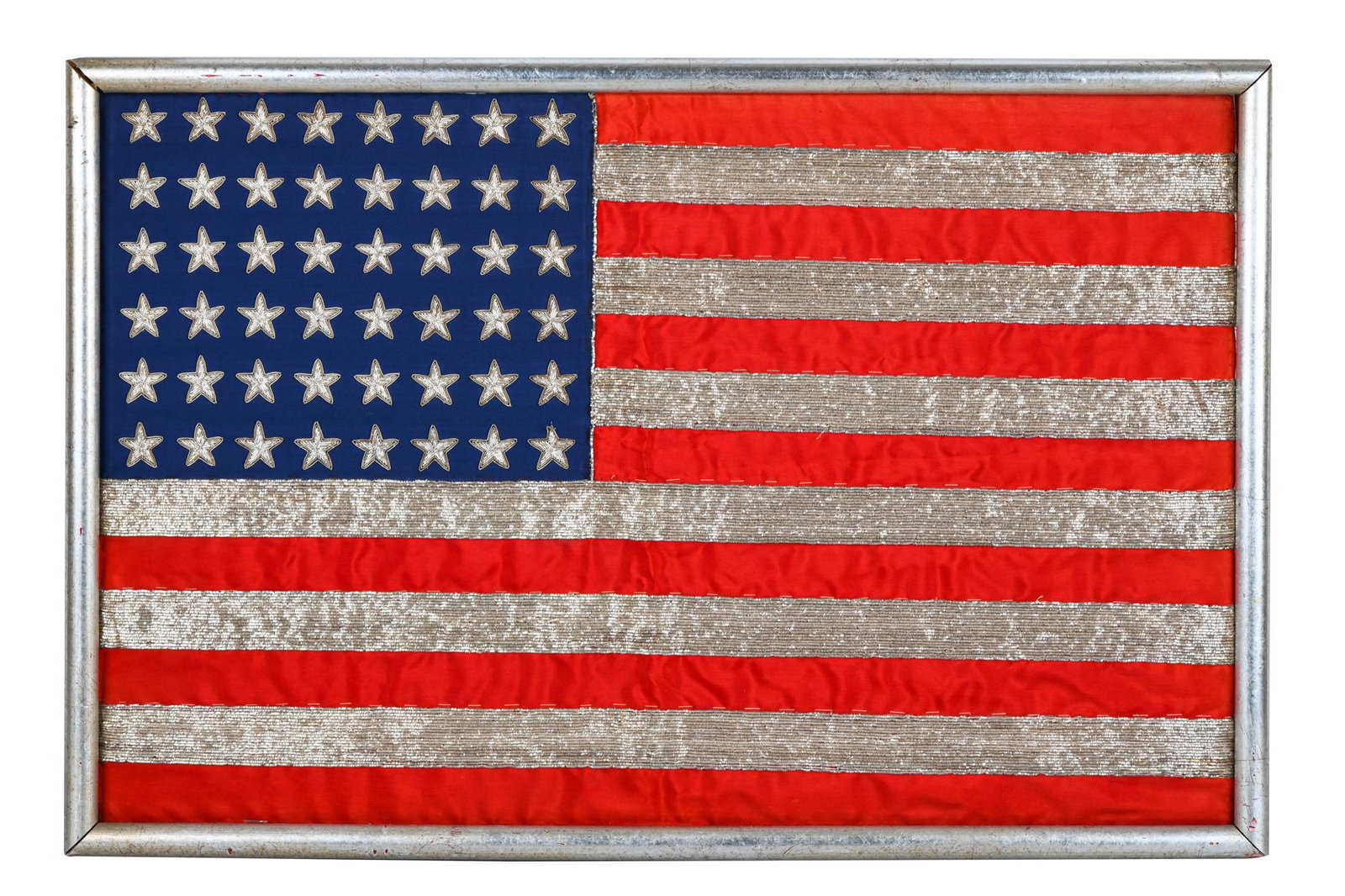FOLK ART 48-STAR U.S. FLAG: fabric and micro beads on foam board 17 x 26 inches