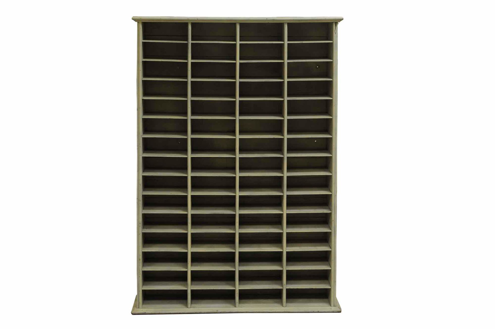 WHITE PAINTED APOTHECARY SHELF: painted pine Condition: with screw obtrusion holes on side and top; light paint loss throughout; some loss to wood 34 1/2 inches wide; 6 1/2 inches deep; 49 inches high