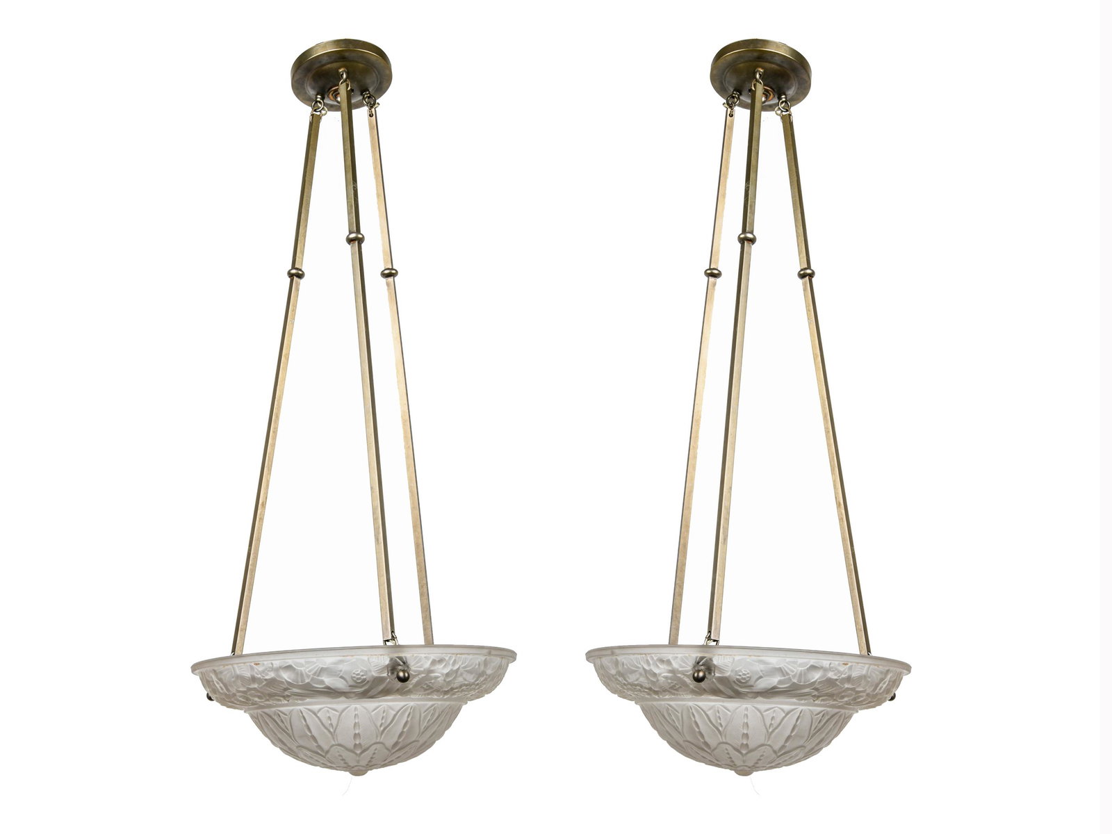 PAIR OF FLORAL MOLDED GLASS FIXTURES: molded glass shades with patinated metal frames approximately 28 total inches high; shades: 14 inches diameter; 5 inches high