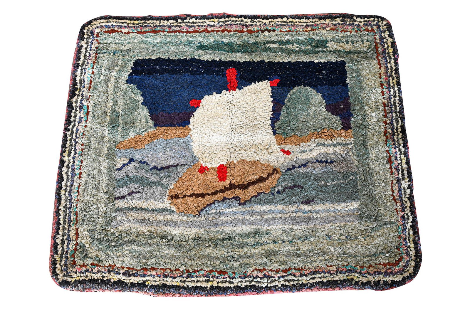SAILBOAT HOOKED MAT: Condition: worn and with loss to upper right corner 30 x 35 inches