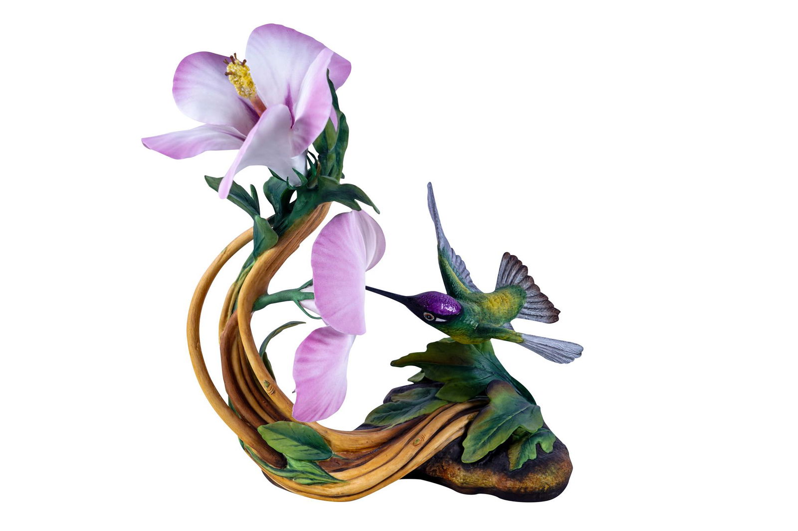 BOEHM PORCELAIN FIGURE RIVOLI'S HUMMINGBIRD: Boehm mark to underside Condition: stamen of one flower broken off; piece not retained 8 1/2 inches high