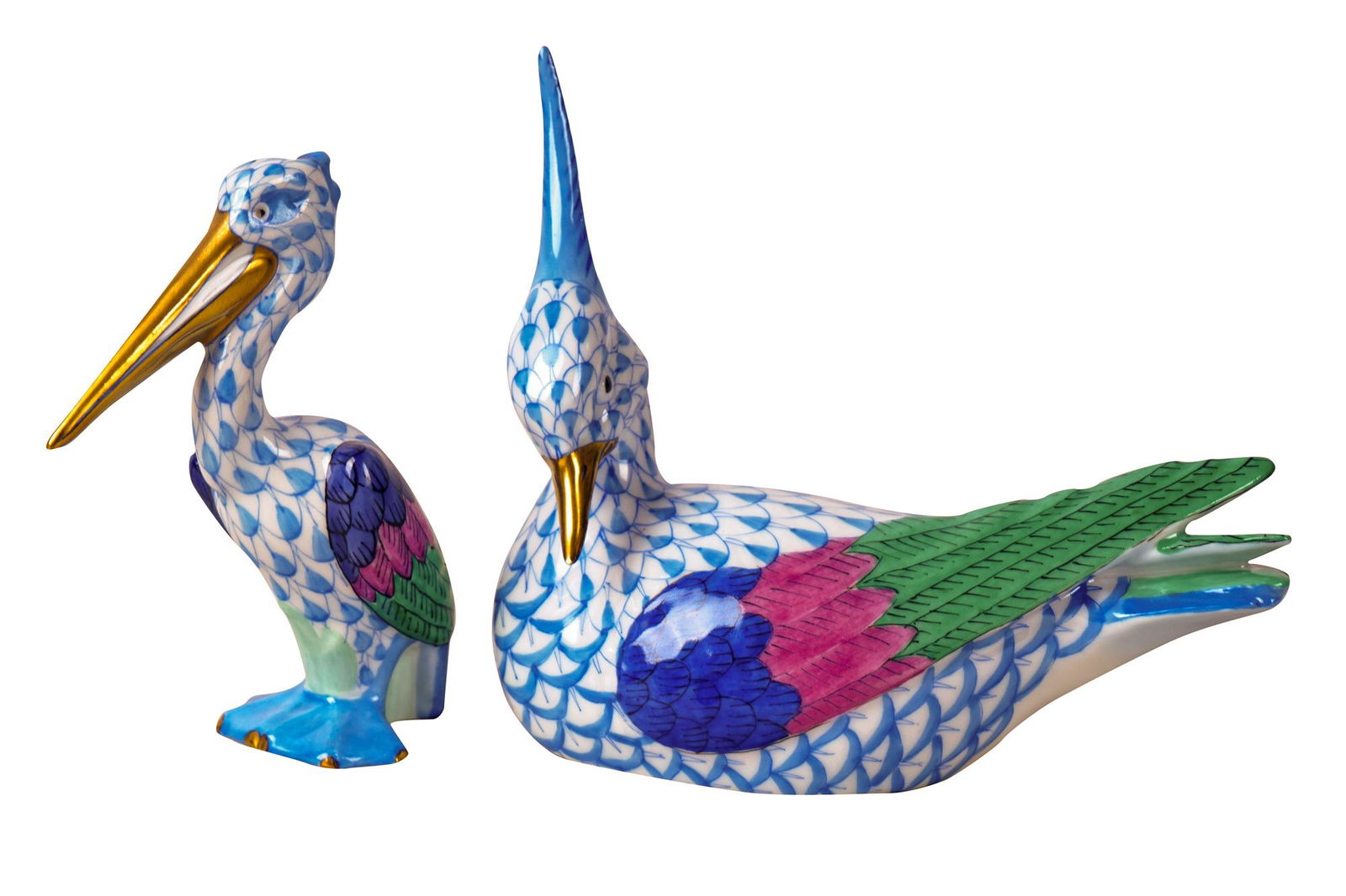 TWO SMALL HEREND PORCELAIN BLUE FISHNET BIRDS (1 of 7)