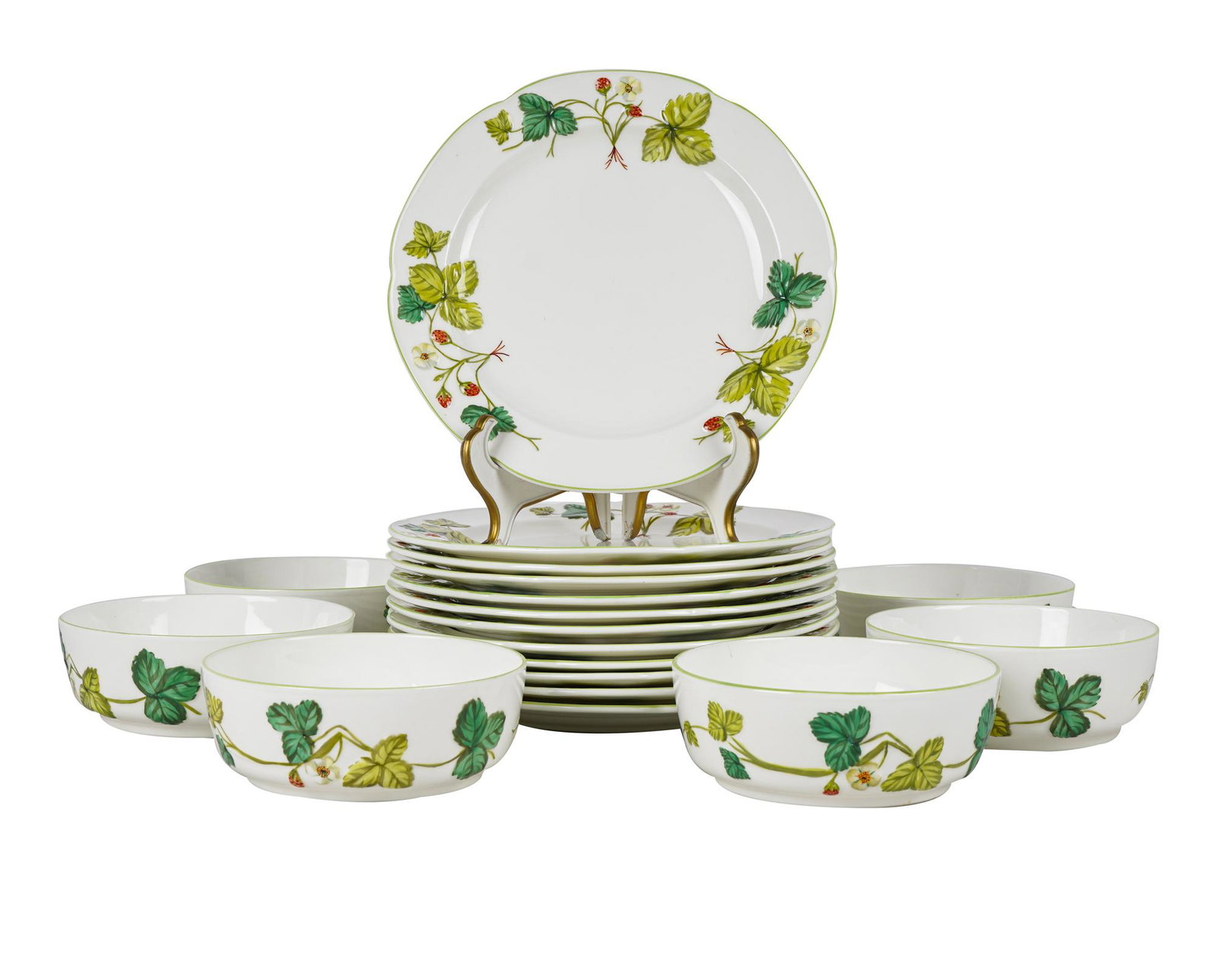 MINTON BONE CHINA STRAWBERRY SERVICE: a partial service, with green "Minton / Bone China / Made in England" mark, comprising 12 plates (8 3/4") & 6 bowls (5 3/8") [18 total pieces]