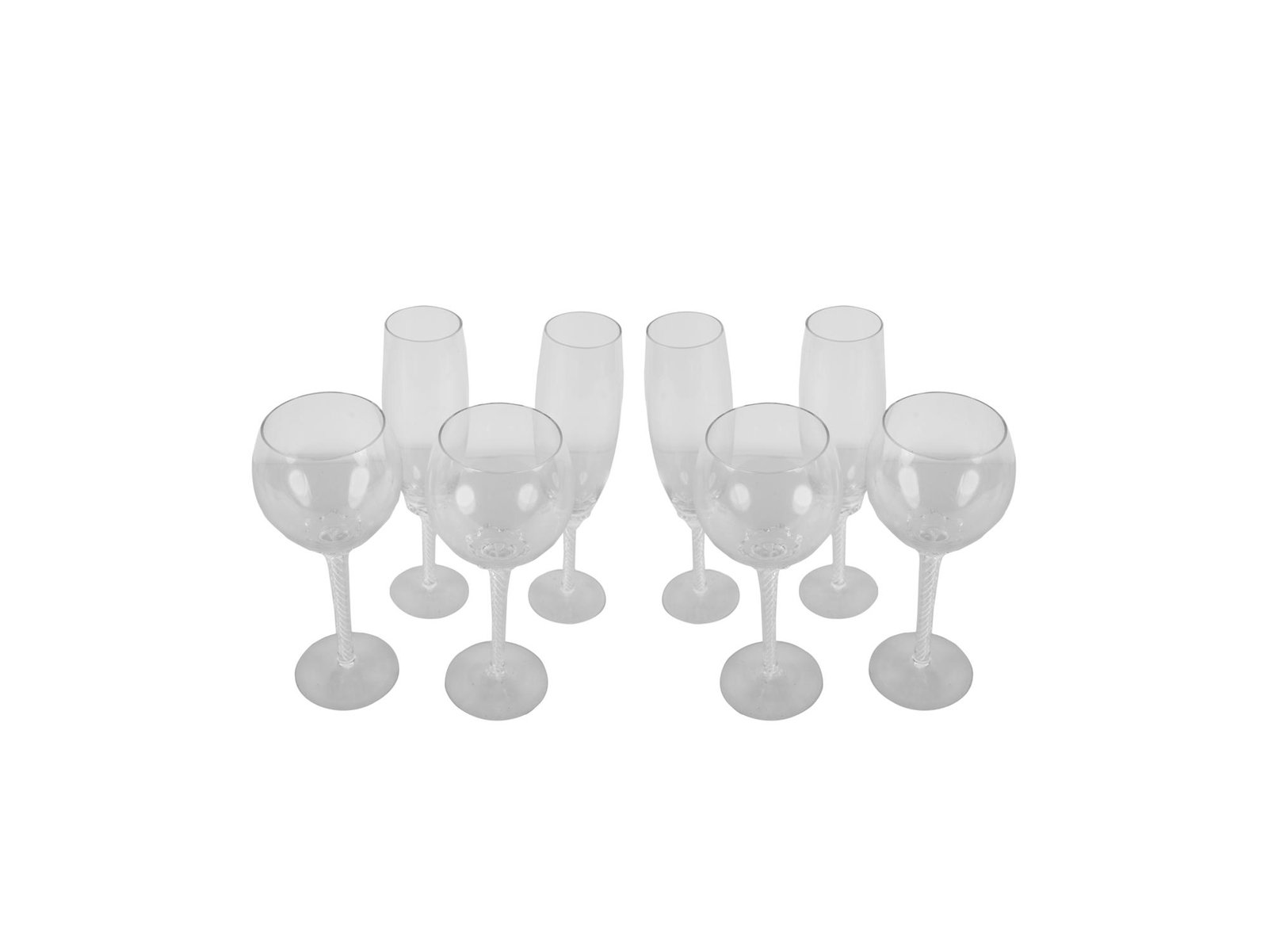 SET OF GLASS TWISTED-STEM BARWARE: unmarked comprising: 11 wine glasses (8 1/2") & 12 champagne flutes (9 1/4") Condition: good. No chips, flea bites or cracks.