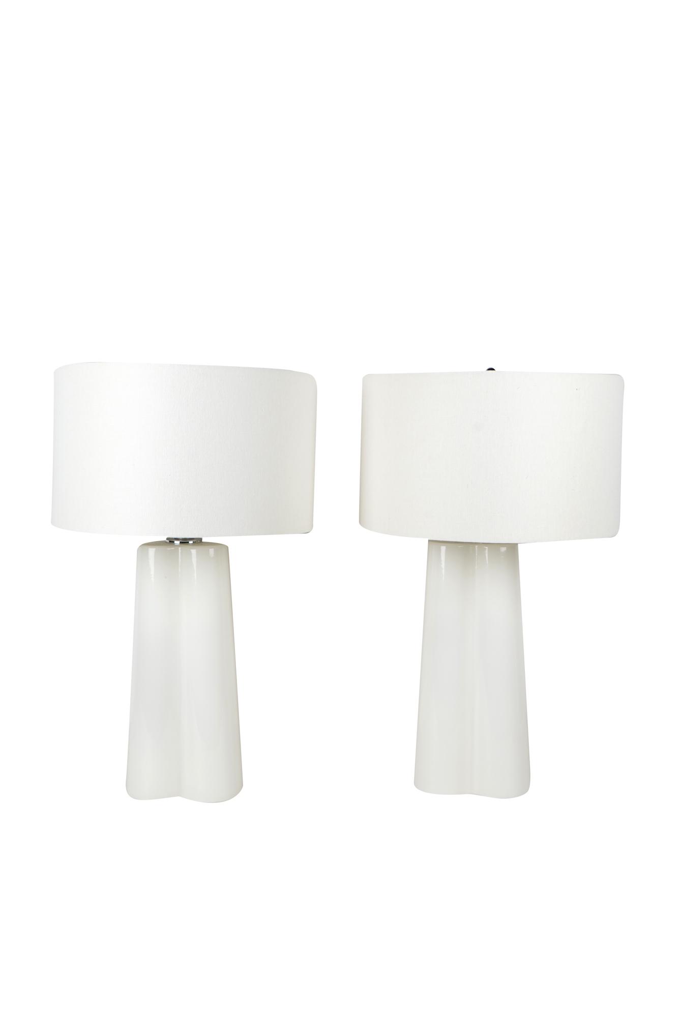 PAIR OF WHITE GLASS TABLE LAMPS (1 of 4)