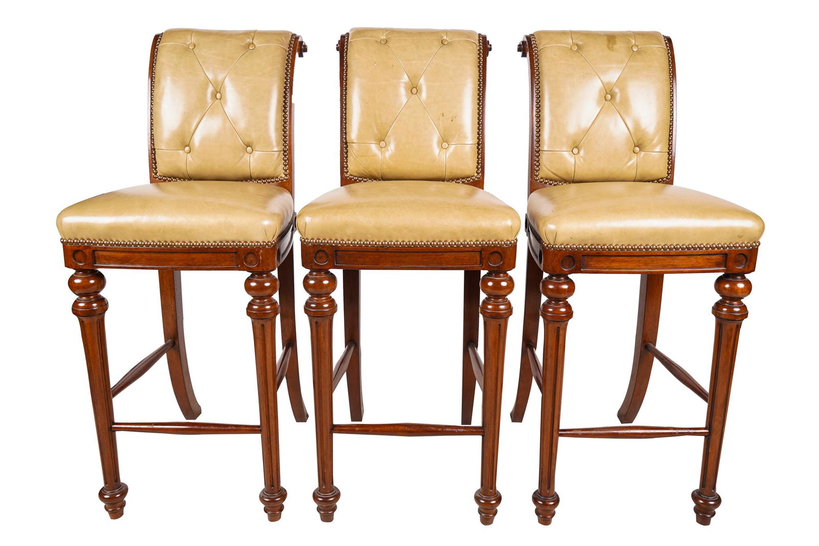 SET OF THREE TUFTED LEATHER BARSTOOLS (1 of 7)