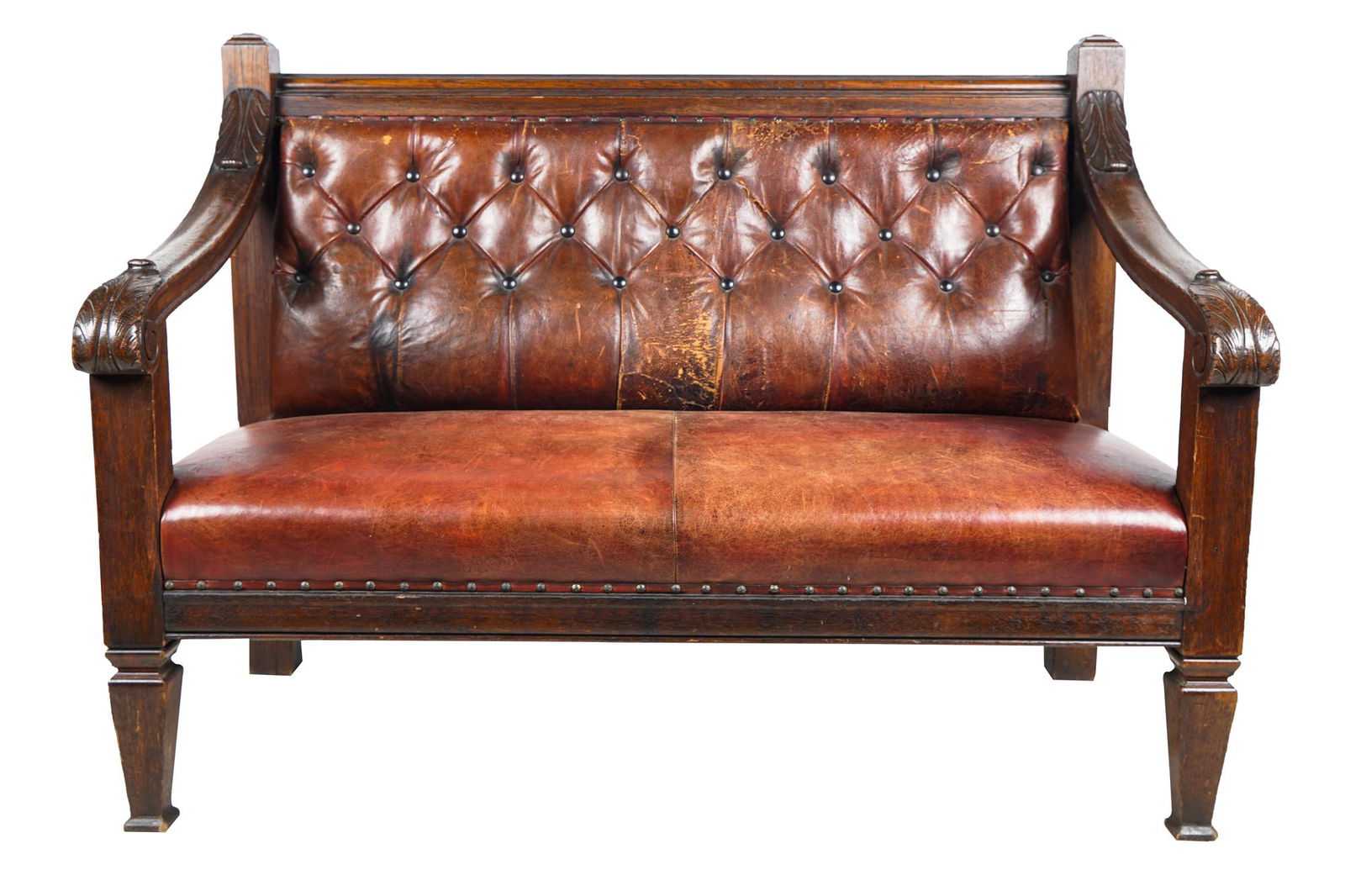 TUFTED LEATHER & CARVED OAK SETTLE (1 of 8)