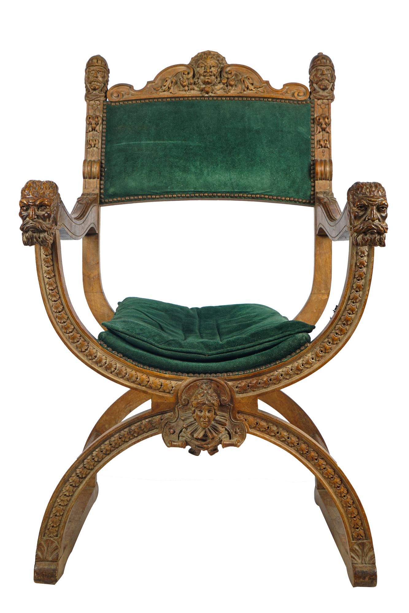 RENAISSANCE REVIVAL CARVED WOOD HALL CHAIR: with green suede upholstery and loose cushion 25 1/2 inches wide; 24 inches deep ; 44 inches high