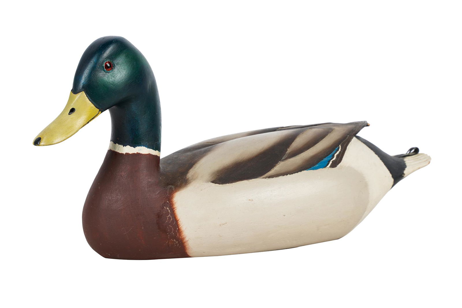 JEAN CHARLES BERRUET DECOY: painted wood signed to underside Condition: a loss to wood and paint on tip of one tail feather Provenance: The Estate of Barron Hilton 16 inches wide; 6 inches deep; 7 1/2 inches high