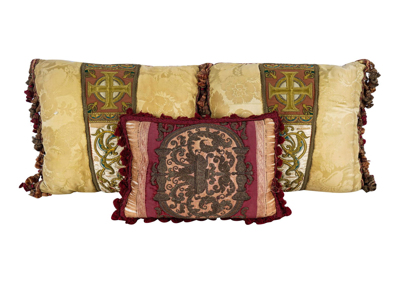 THREE METAL GILTWORK DECORATED CUSHIONS (1 of 6)