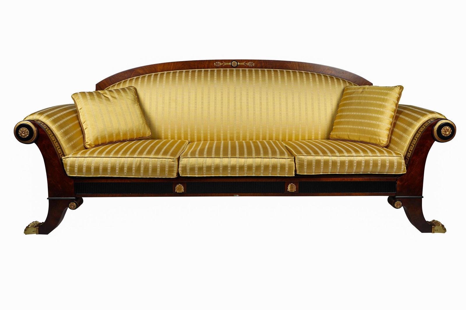 MARINER GILT METAL-MOUNTED SALON SUITE: circa 2001 apparently unsigned. comprising: a sofa (94 inches wide; 31 inches deep; 39 inches high), a love seat (67 inches wide; 39 1/2 inches high), and a club chair (44 inches wide; 36 1/2 inches h
