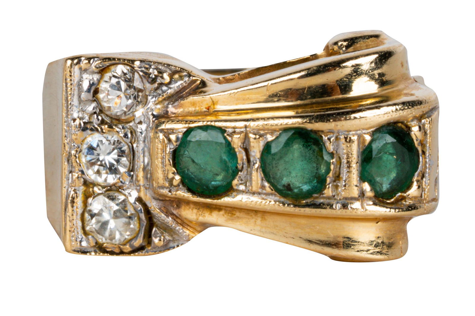 RETRO ERA 14 KARAT YELLOW GOLD, DIAMOND, & EMERALD RING (1 of 5)