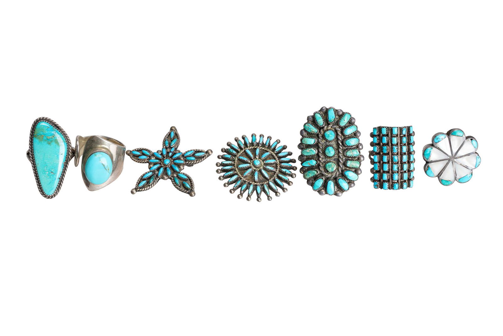 GROUP OF SEVEN TURQUOISE & STERLING PIECES (1 of 15)