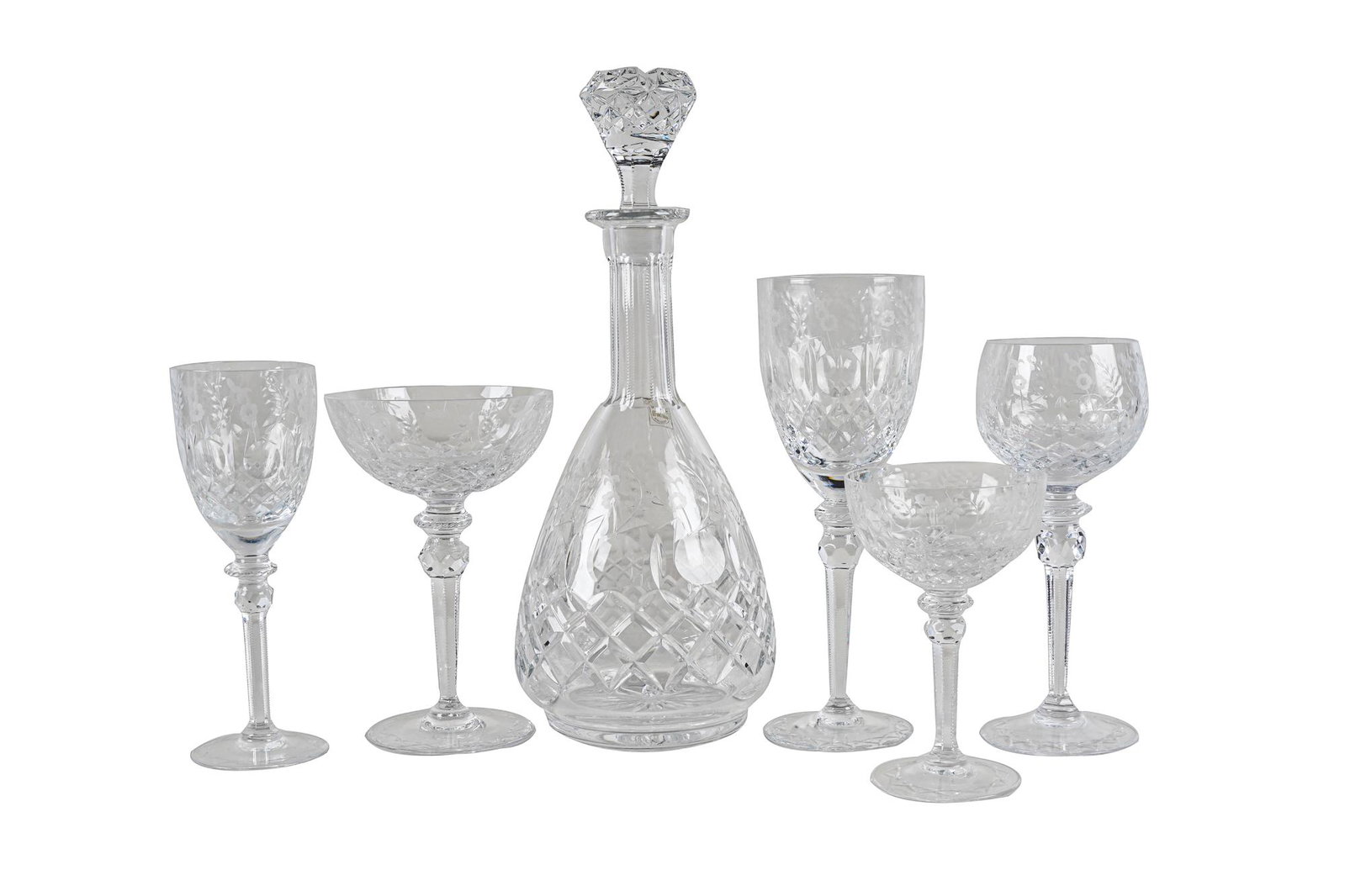 ROGASKA CRYSTAL STEMWARE SERVICE: Gallia pattern, comprising: 1 decanter with stopper (13 1/2" high), 24 large champagne / sherbet coupes (7 1/8" high), 13 small coupes (5 7/8" high), 12 wine hocks (8" high), 12 wine glasses (7 3/4" h