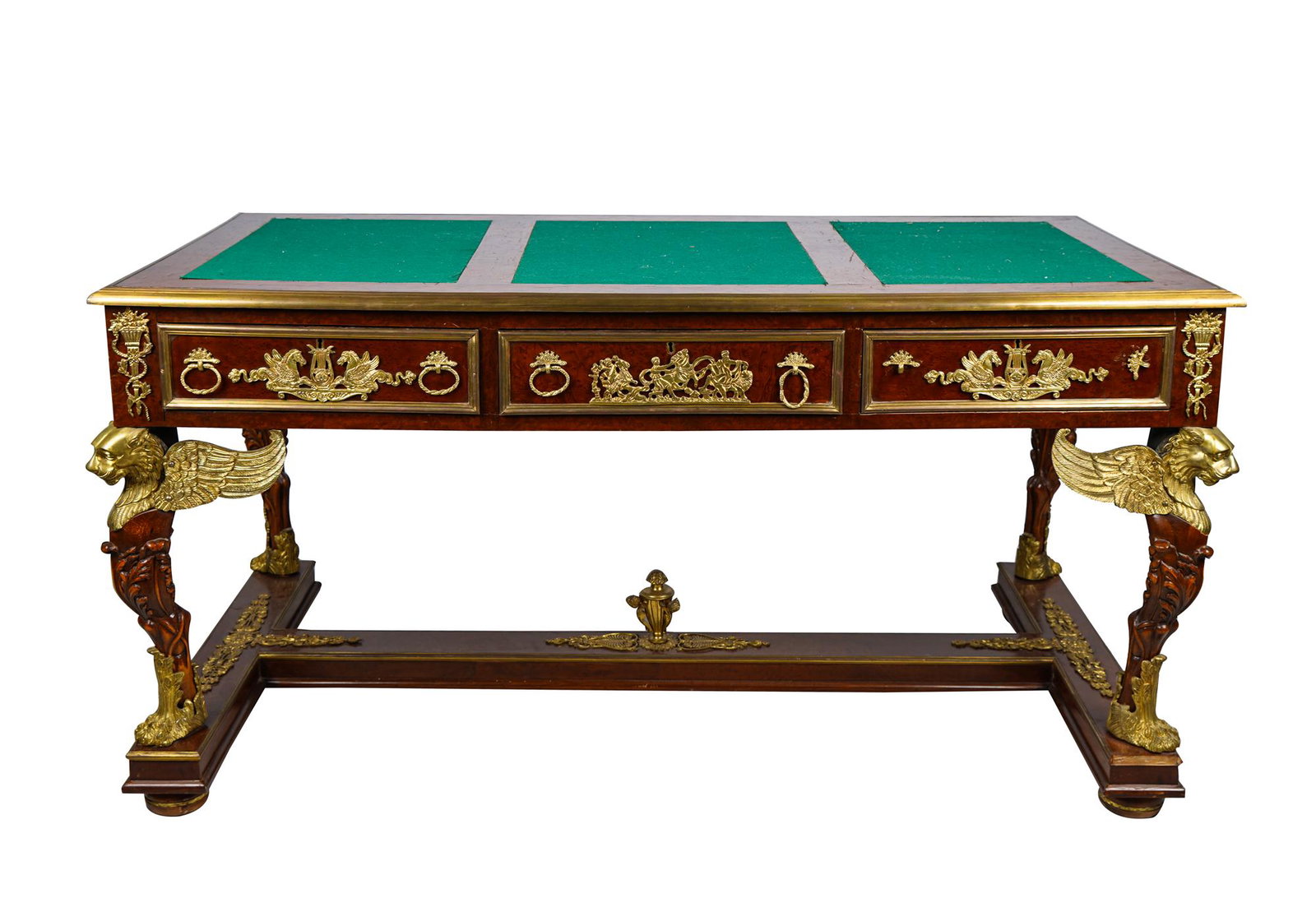 EMPIRE-STYLE ORMOLU-MOUNTED BURLWOOD BUREAU PLAT: with two side extensions, one handle missing Condition: some bronze mounts and escutcheons loose; slight bubbling to top veneer; slight loss to wood on front right leg and back left leg; felt inset 64
