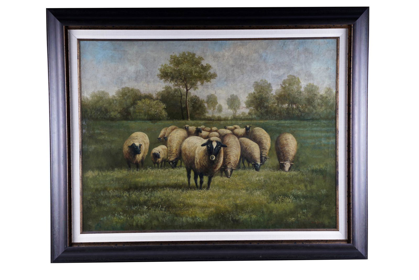 TREVOR JAMES: LANDSCAPE WITH SHEEP: oil on canvas signed lower right Condition: with craquelure throughout 30 x 40 inches