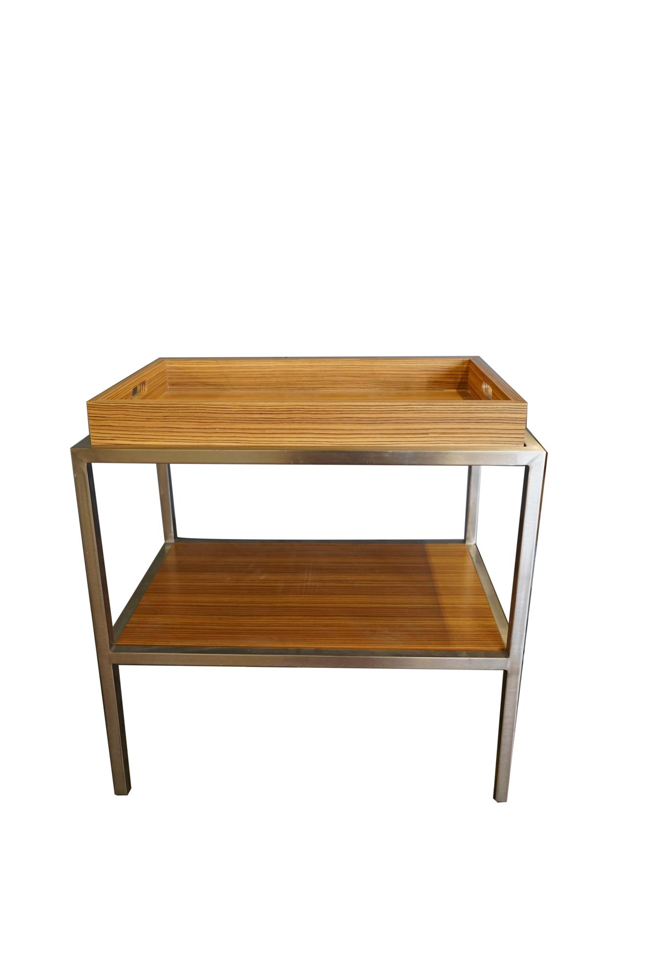 METAL & ZEBRA WOOD VENEER BAR CART: contemporary, with a removable tray top 30 inches wide; 20 inches deep; 31 inches high