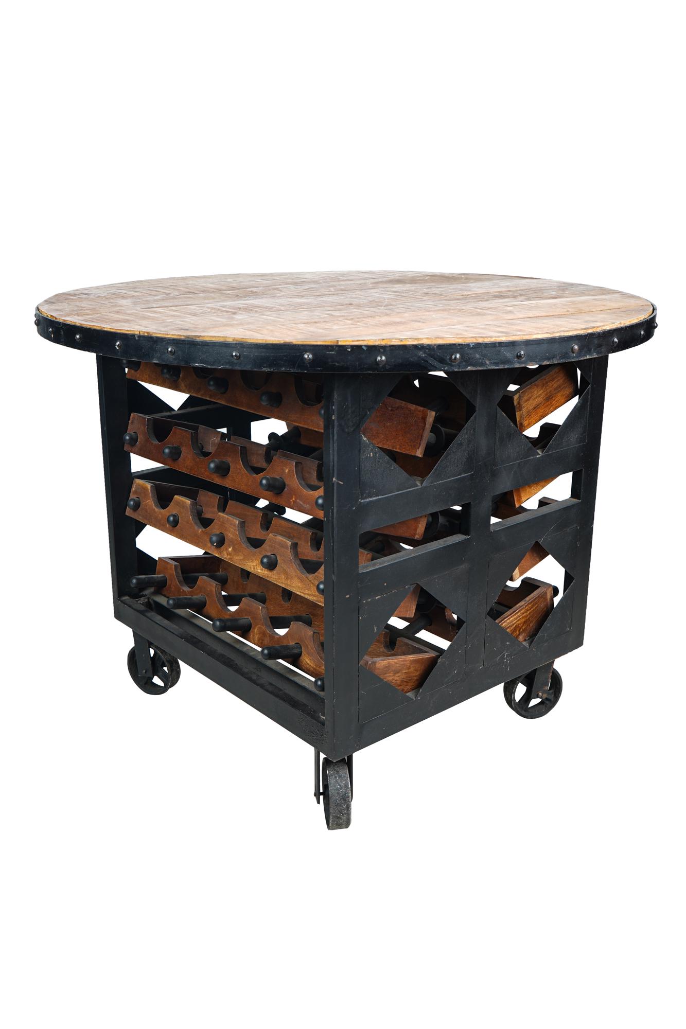 IRON & WOOD WINE TASTING TABLE: on iron wheels 43 inches diameter; 33 inches high