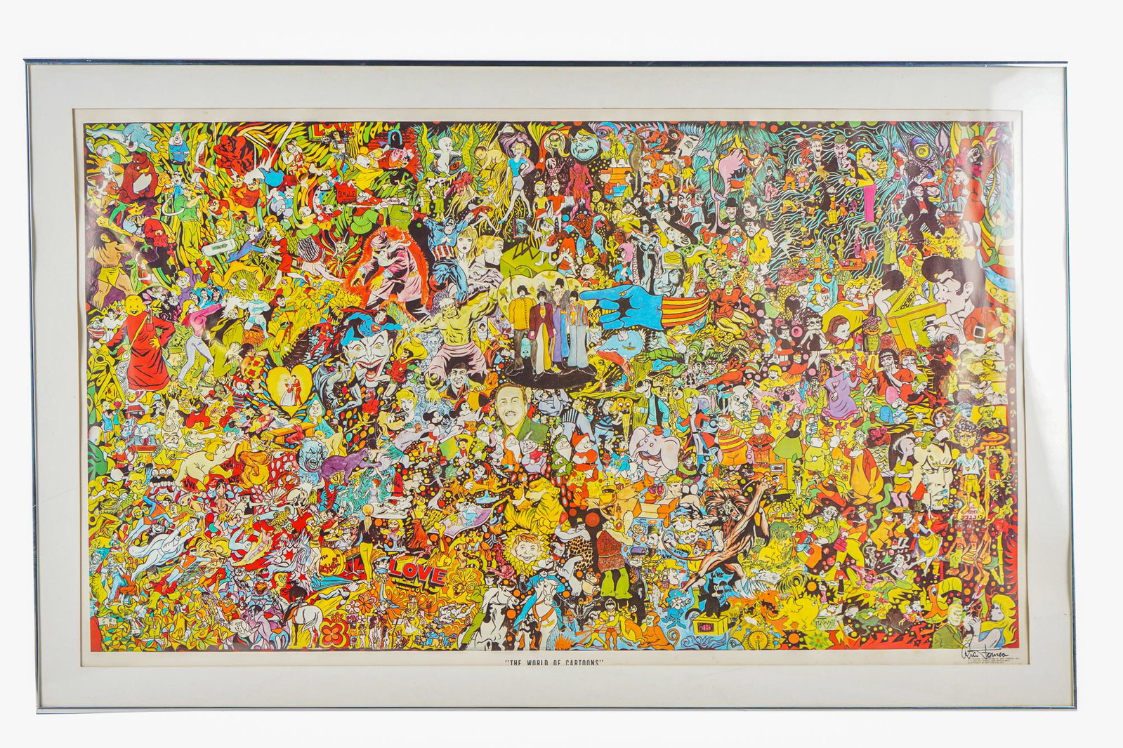 RICO FONSECA: "THE WORLD OF CARTOONS": circa 1971 lithograph in color signed lower right 22 1/2 x 40 inches site