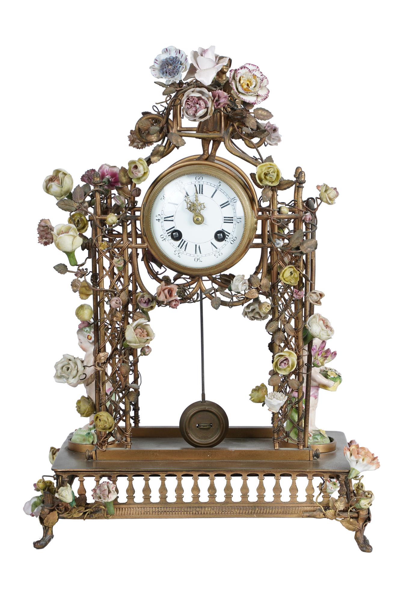 PORCELAIN MOUNTED GILT METAL MANTEL CLOCK (1 of 13)