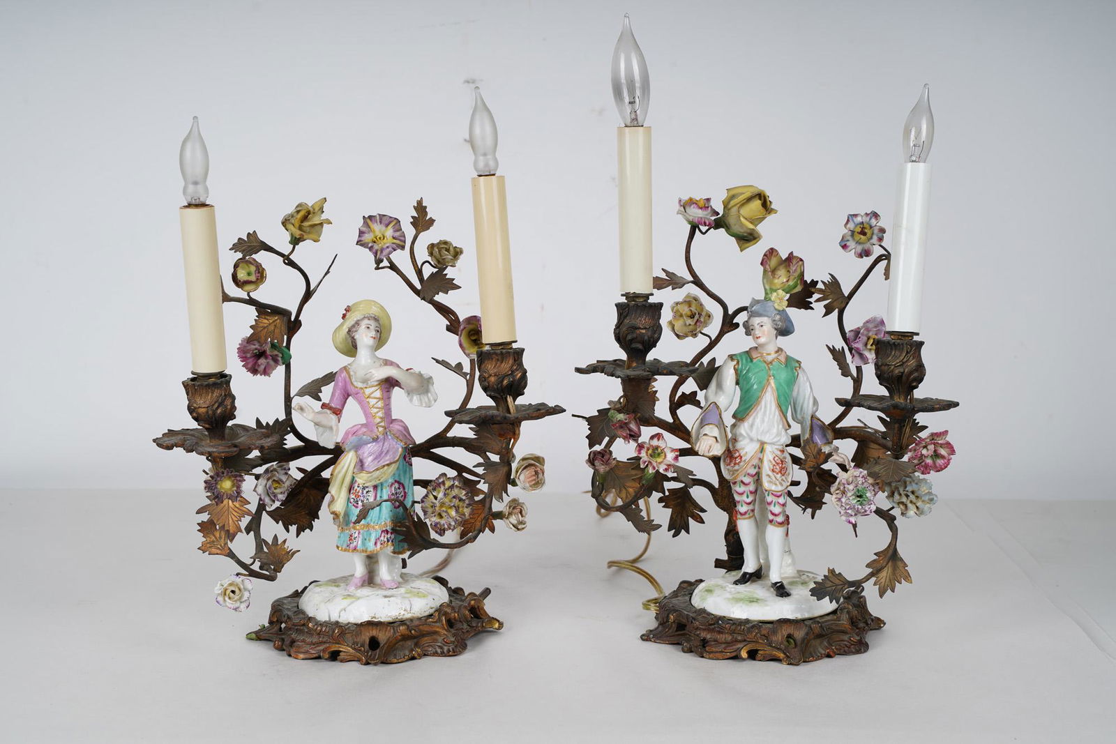 PAIR OF GILT BRONZE & PORCELAIN TWO-LIGHT CANDELABRA (1 of 12)