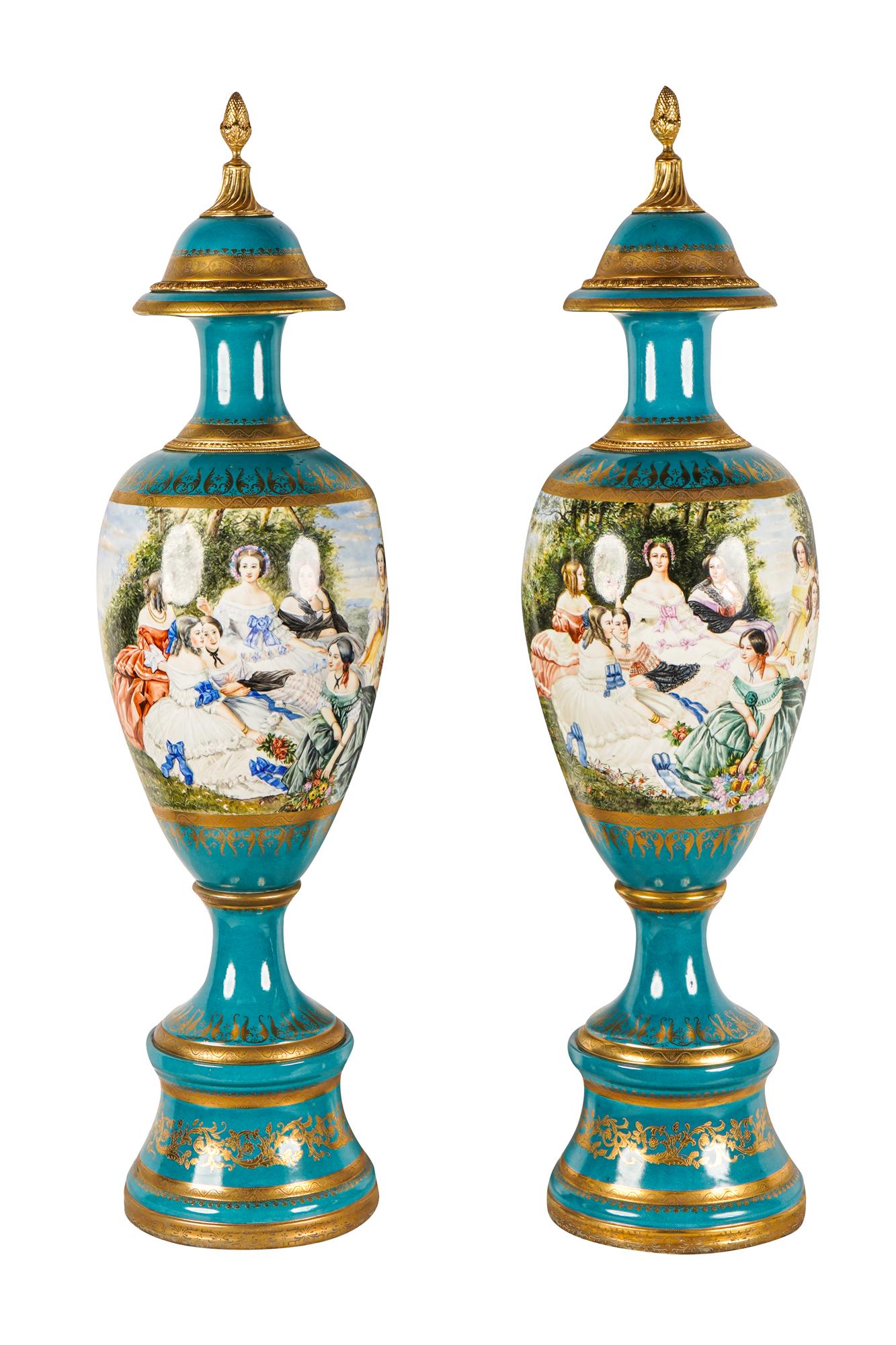 PAIR OF MONUMENTAL SEVRES-STYLE PORCELAIN COVERED URNS (1 of 11)