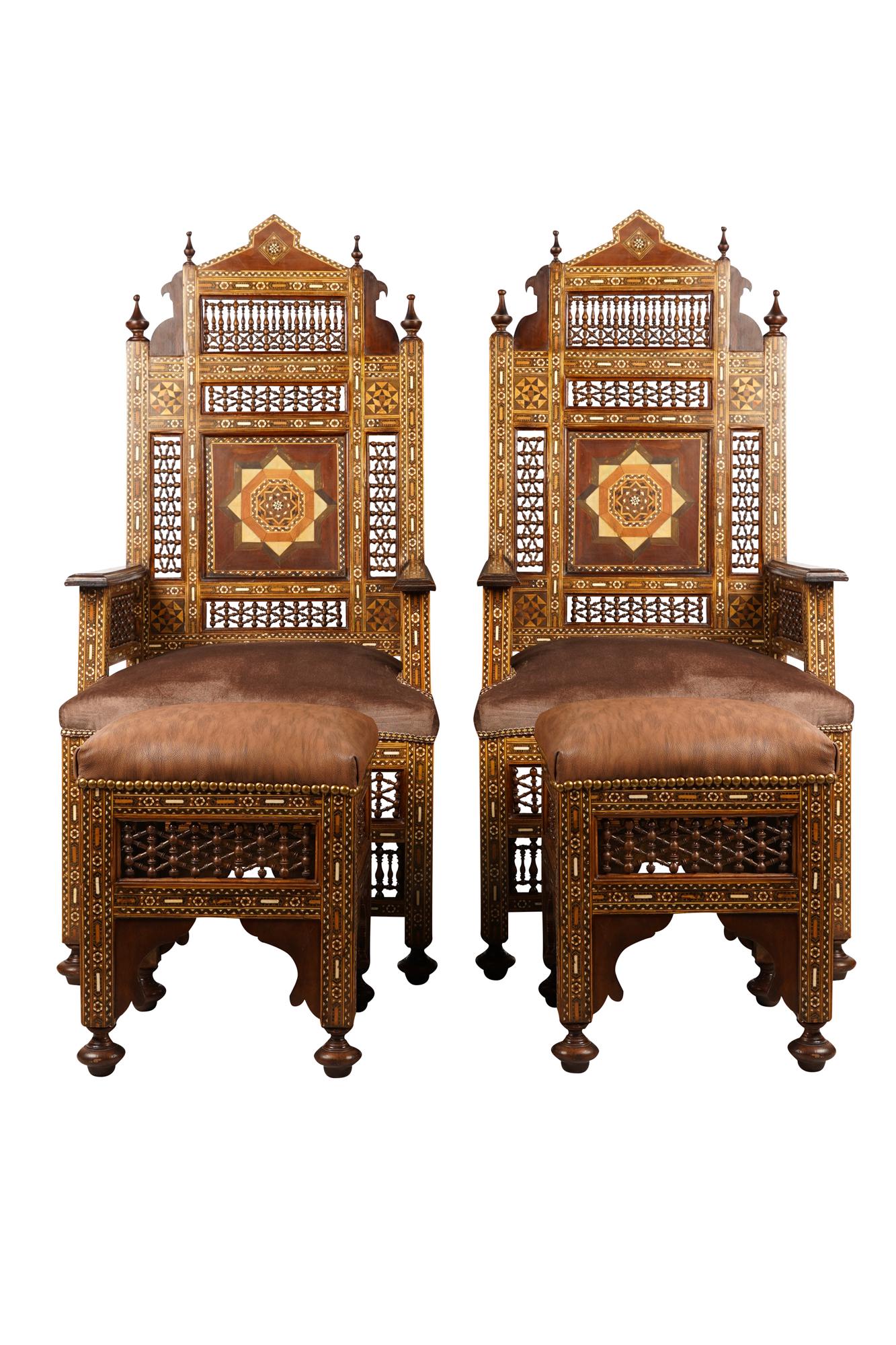 PAIR OF MOORISH-STYLE INLAID THRONE CHAIRS WITH: 21st century, each with mauve velvet upholstery each chair 25 1/2 inches wide; 24 1/2 inches deep; 56 inches high; seat height: 21 inches